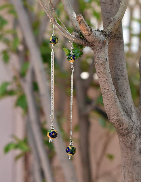 Blue Pottery beads With Metal Chain Earring in Yellow Base With Blue Flower